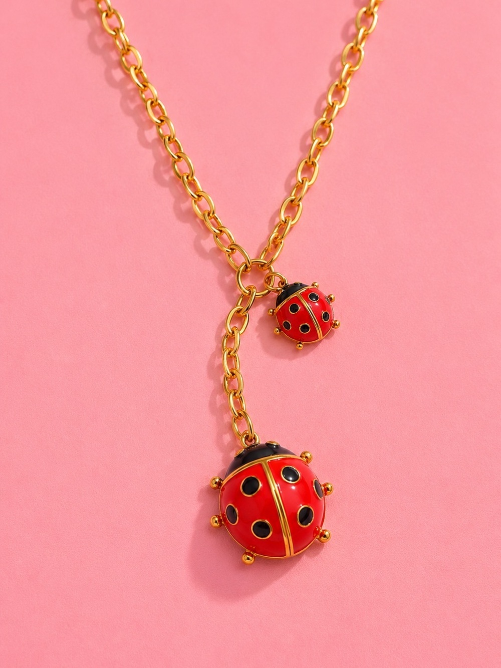 Lucky Red Ladybug Charm Gold Chain Necklace